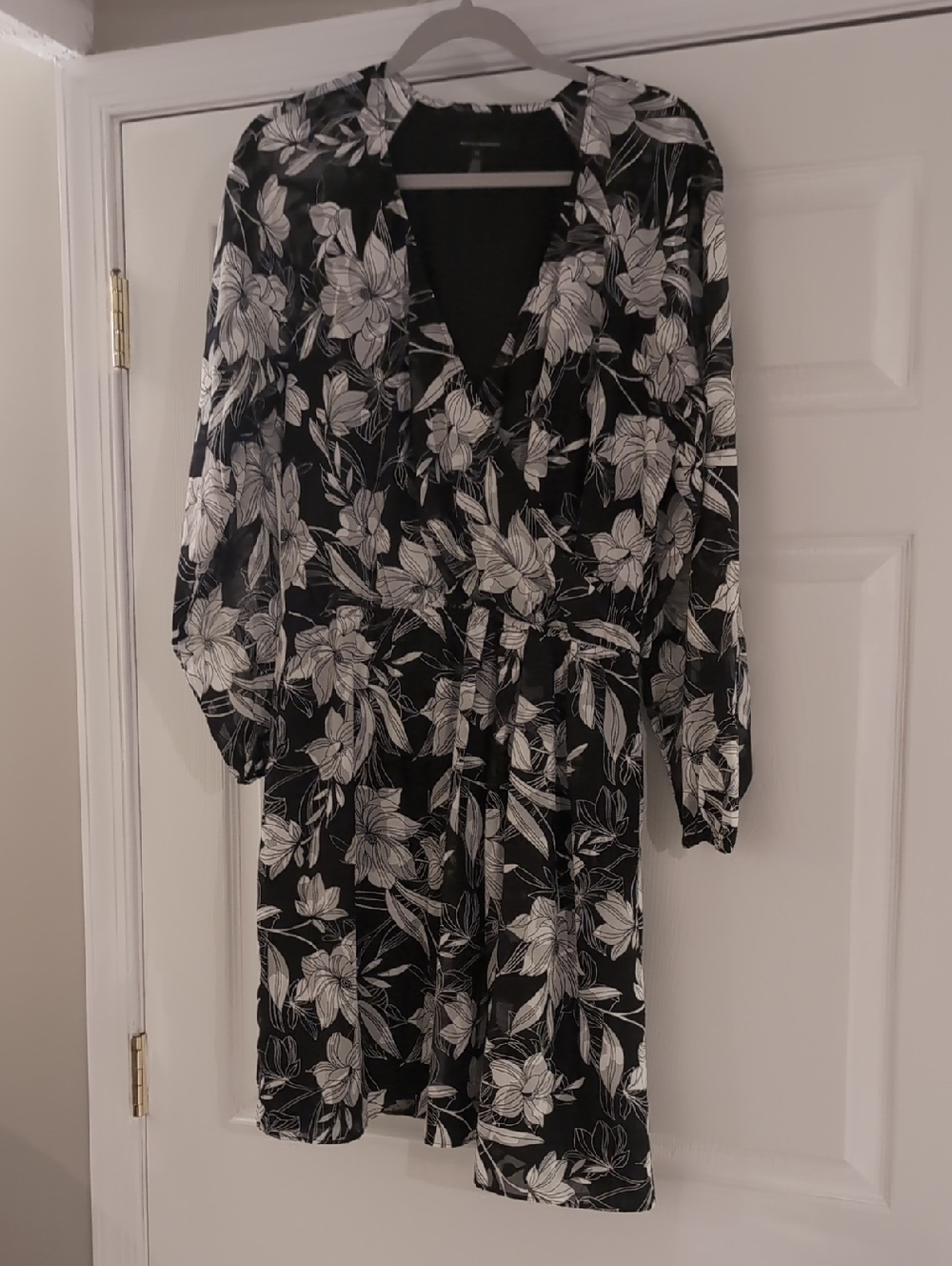 White House Black Market Black Dress with White Floral Print - Long Sleeve